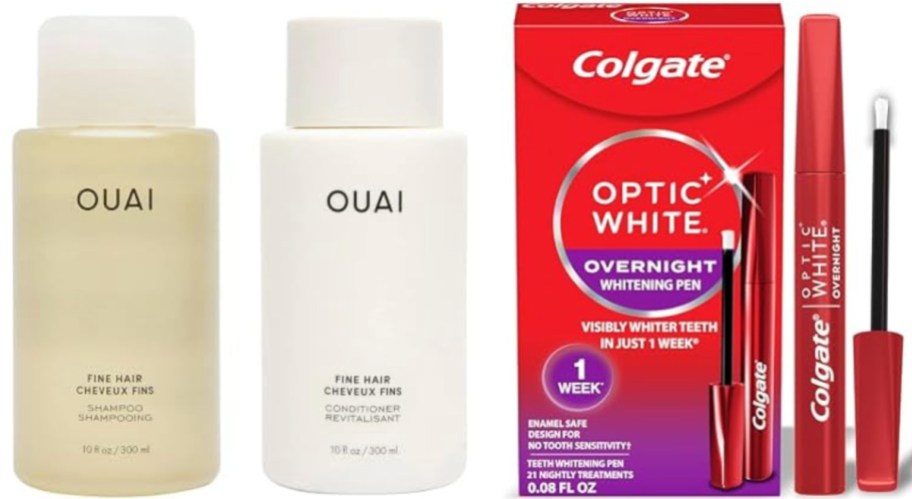 Two Ouai hair care bottles and a Colgate Optic White whitening pen set. The Ouai shampoo and conditioner have minimalist white labels. The Colgate package features bright red branding with a whitening pen and brush applicator, promising visibly whiter teeth in a week.