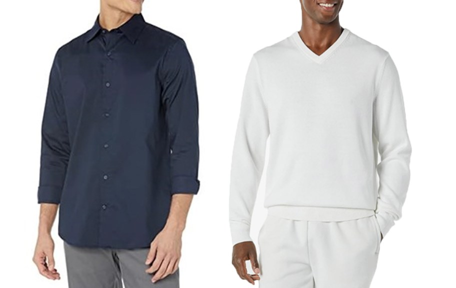 men wearing navy long sleeves and white sweater 