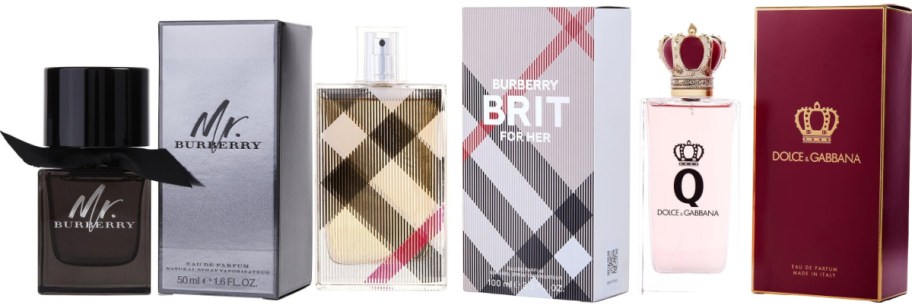 Array of three perfume bottles with matching boxes. From left: Mr. Burberry in a black bottle, Burberry Brit in plaid, and Dolce & Gabbana with a crown cap.