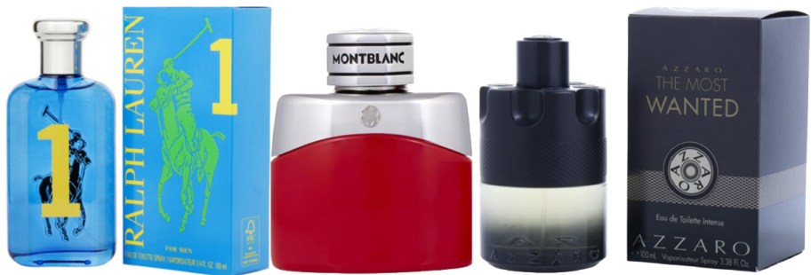 Four cologne bottles are displayed with matching boxes. From left: a blue Ralph Lauren, a red Montblanc, and two black-and-grey Azzaro bottles.