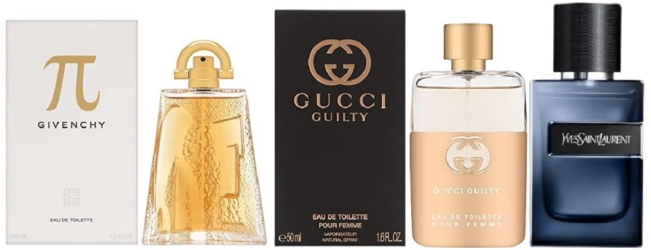 Three perfume bottles with boxes are displayed. From left to right: Givenchy Pi in a clear trapezoid bottle, Gucci Guilty in a rounded bottle and black box, and Yves Saint Laurent in a blue gradient bottle.