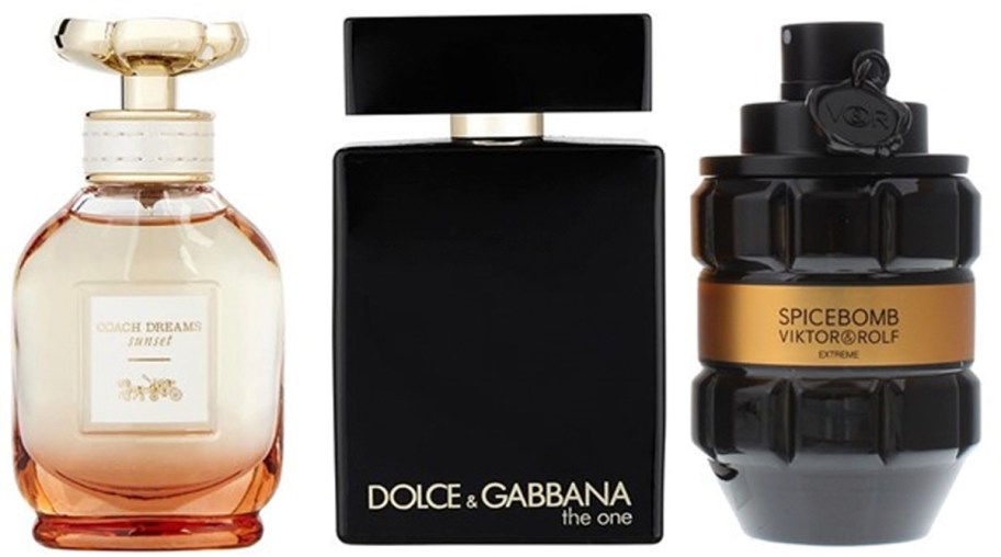 coach, d&g, spicebomb fragrance bottles 
