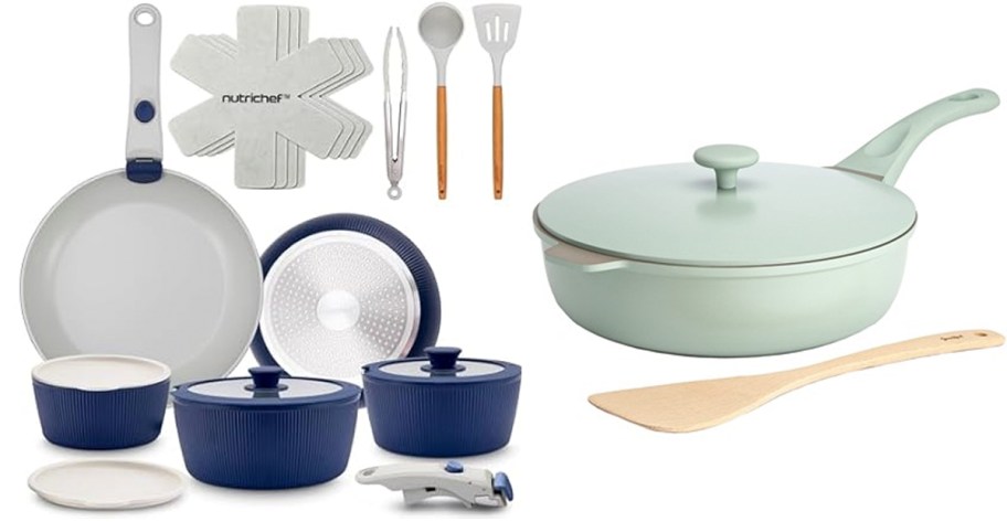 blue and green pot an pans sets 