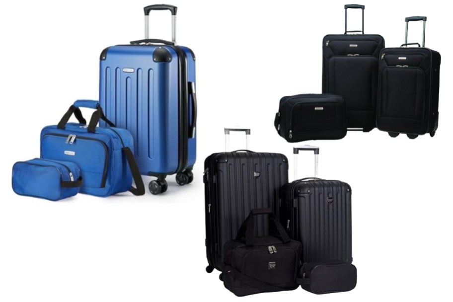 blue luggage set, and two black luggage sets