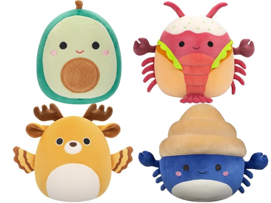 Four Squishmallows plushies are shown: a smiling avocado, a cheerful lobster, an adorable deer, and a cute hermit crab.