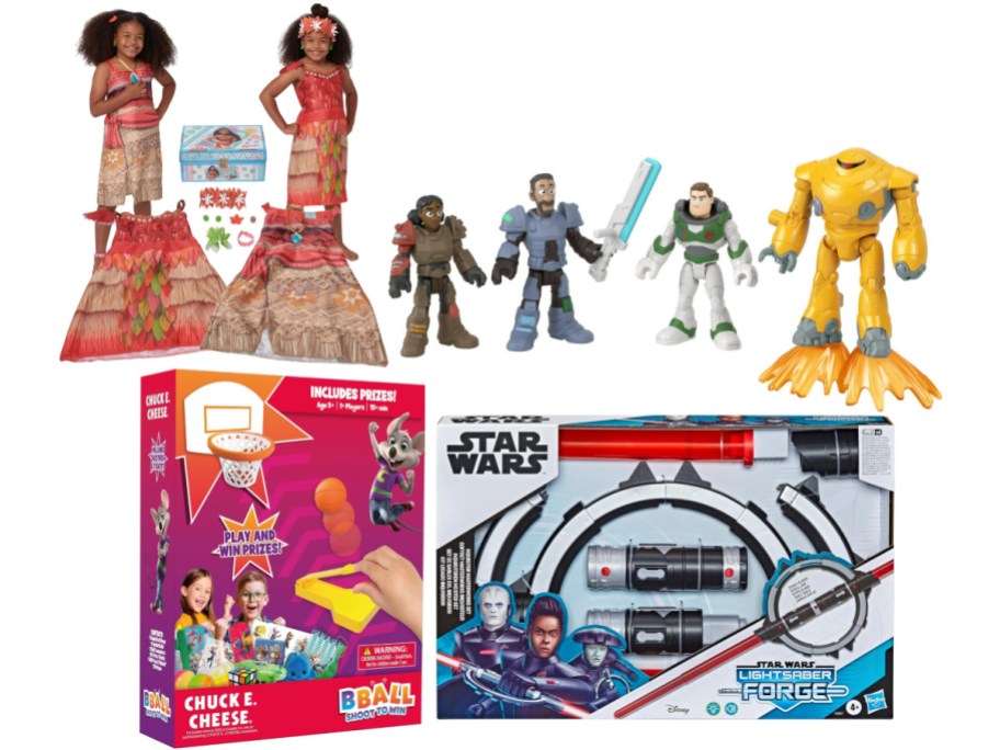 A colorful assortment of toys includes two Moana dress-up sets, four Disney Pixar action figures in combat gear, a Chuck E. Cheese basketball game, and a Star Wars lightsaber kit.