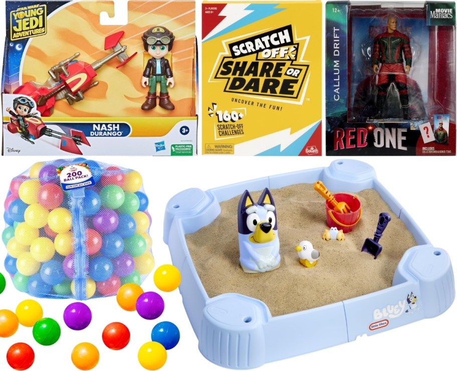 five woot toys including 2 action figures, a game, ball pit filler and a bluey sand box