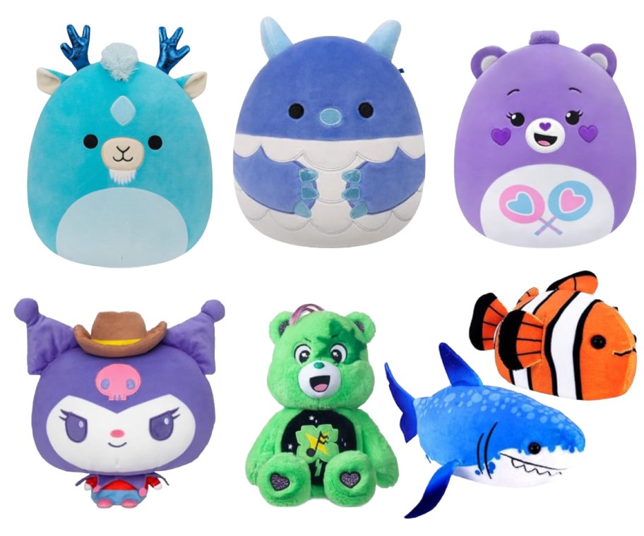 three round plush toys, one green bear, one cat with hat, shark and clownfish