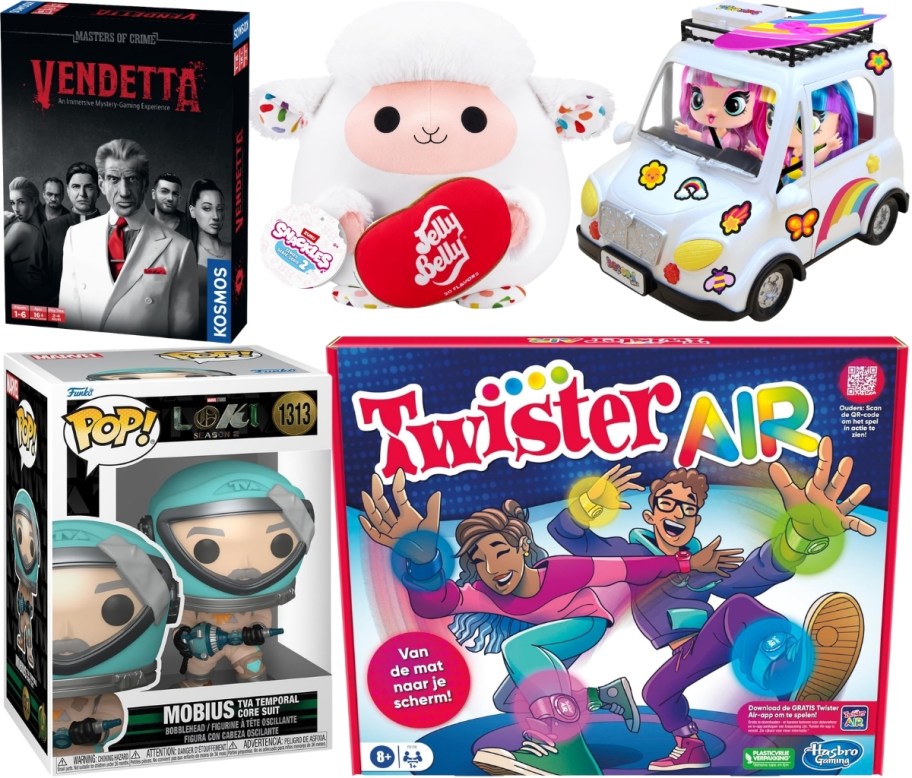 a selection of toys from the woot toy sale including 2 gams, a collectible, a toy car play set and a stuffed plush
