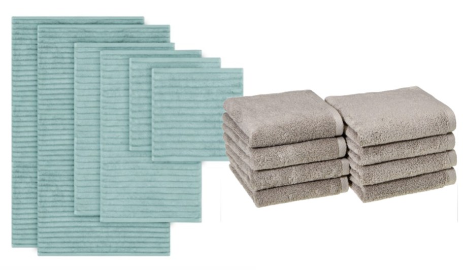 teal towels and grey hand towels stacked
