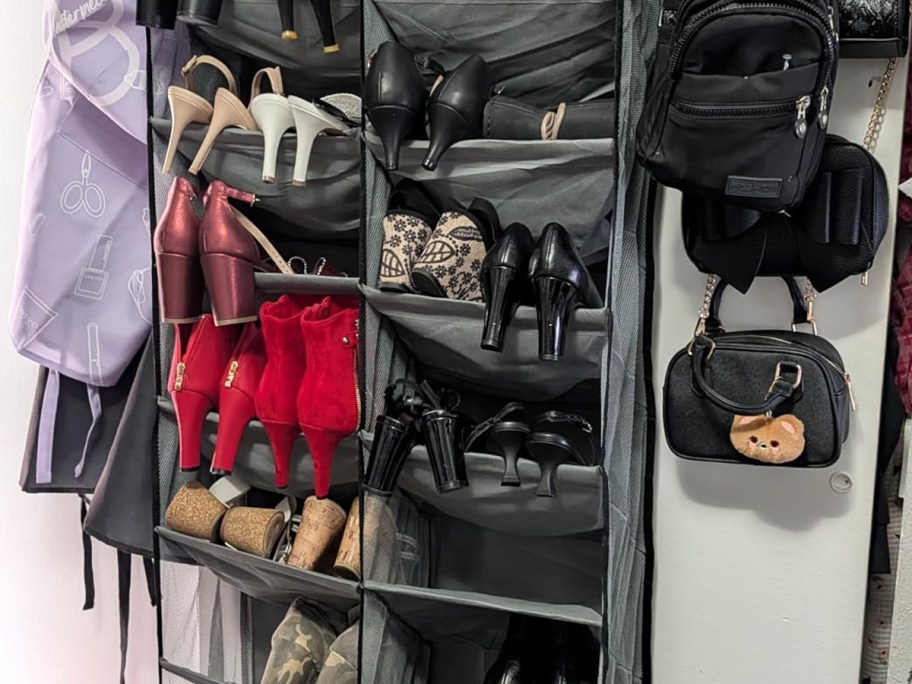 shoes in an over the door organizer in closet
