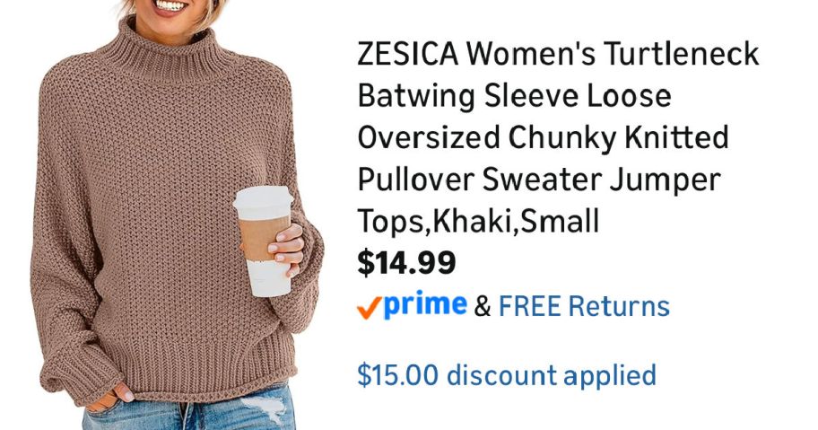 woman wearing tan sweater next to Amazon pricing information
