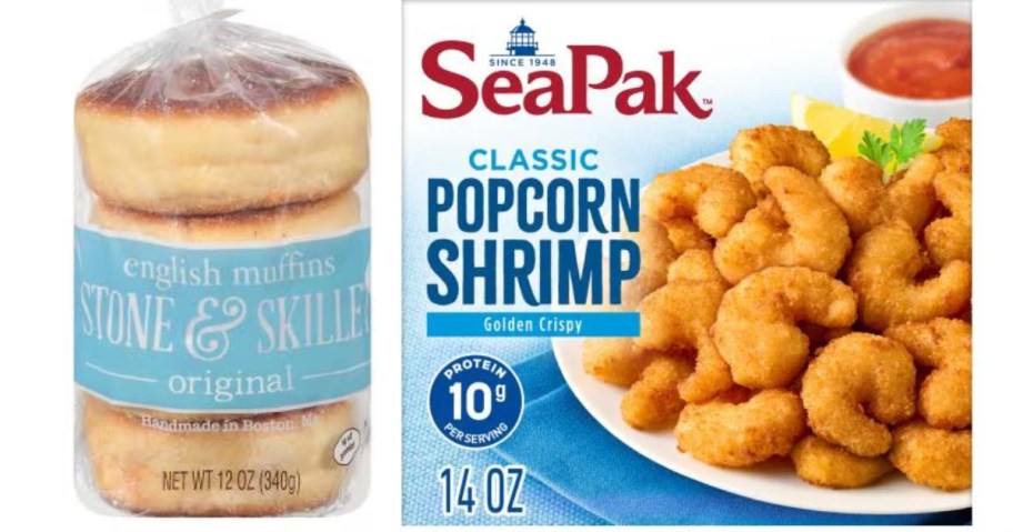 bag of English muffins and box of SeaPack shrimp