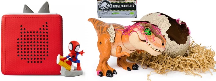 Tony box, Tony Spider-Man figure, Jurassic World dinosaur and egg hatching toy