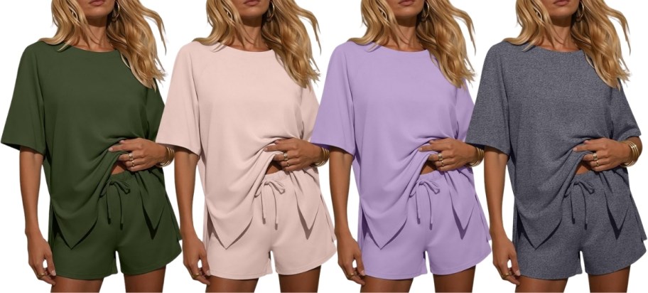 four models in deifferent colors of the same 2 piece shorts lounge set