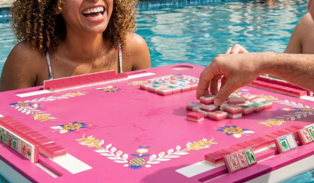pink 3-in-1 Floating Game Mat in pool