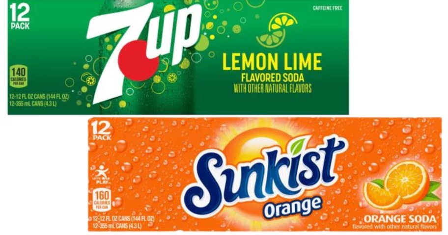 packs of 7-Up and Sunkist cans