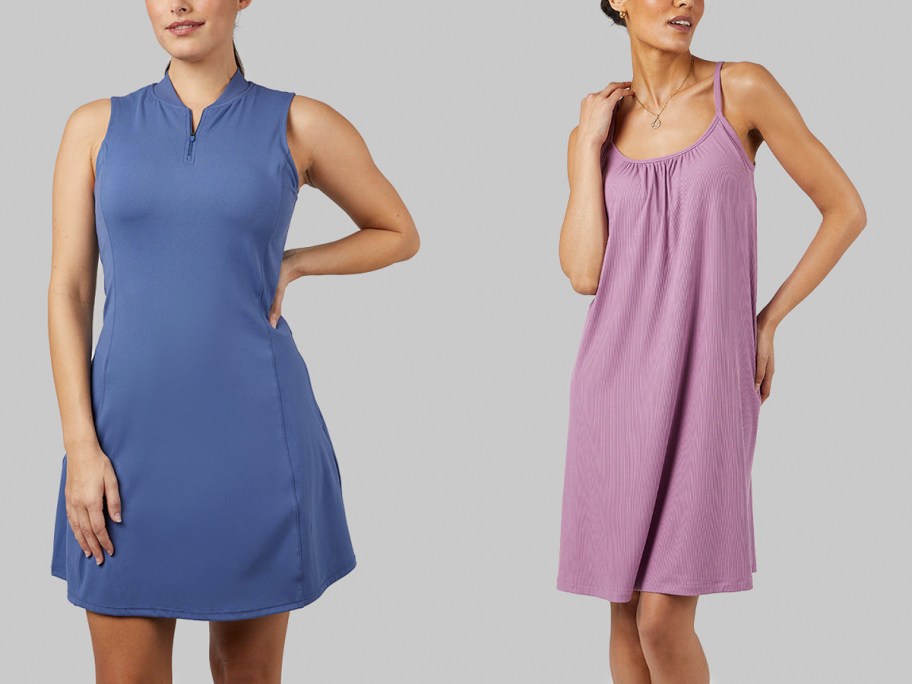 women wearing blue and purple dresses