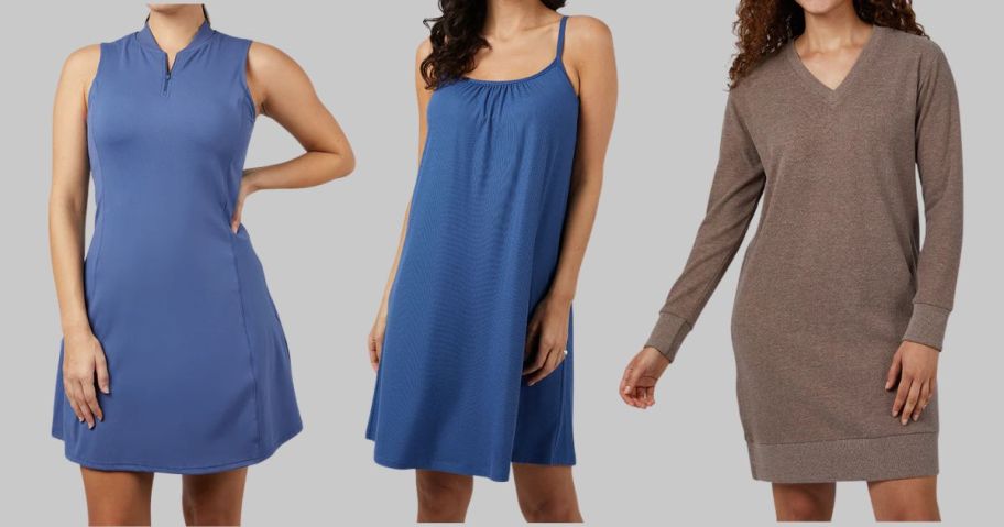 three women wearing 32 degrees dresses