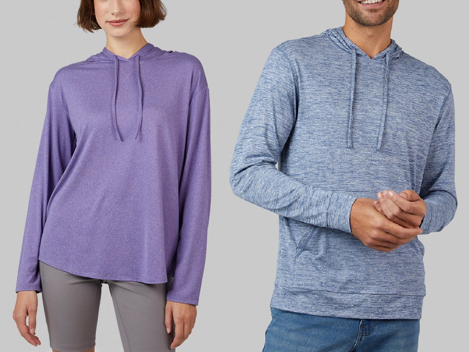 Two models showcase casual hoodies: one wears a loose purple hoodie with gray shorts, and the other a fitted blue hoodie with jeans.