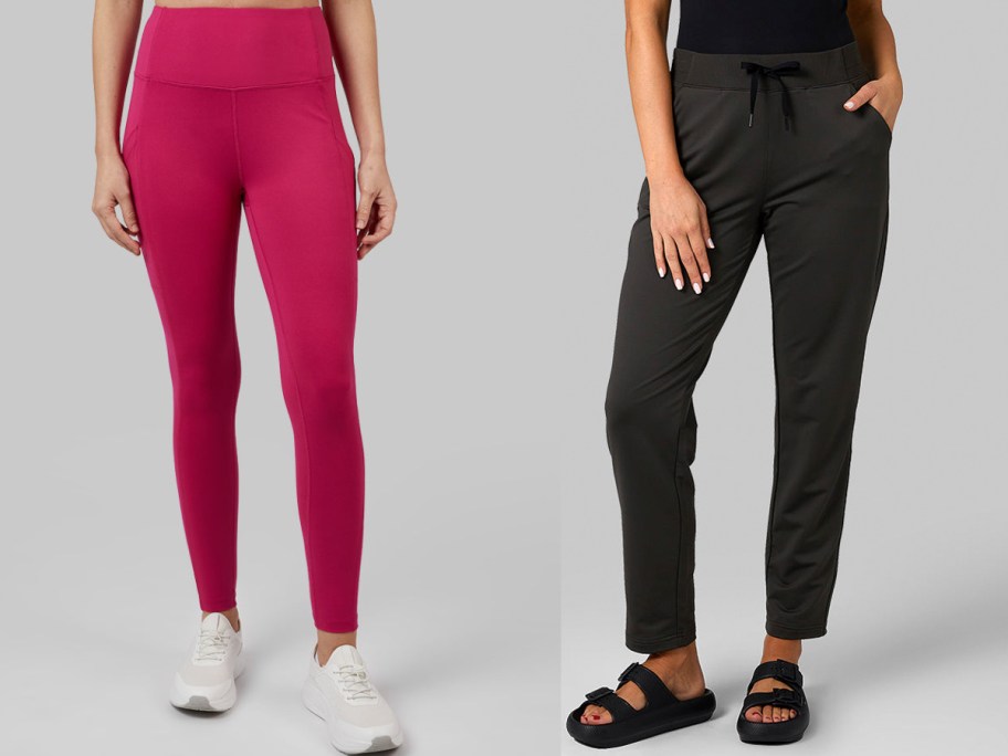 A split image showcasing two outfits: on the left, a person wears vibrant pink leggings with white sneakers; on the right, black joggers paired with sandals.