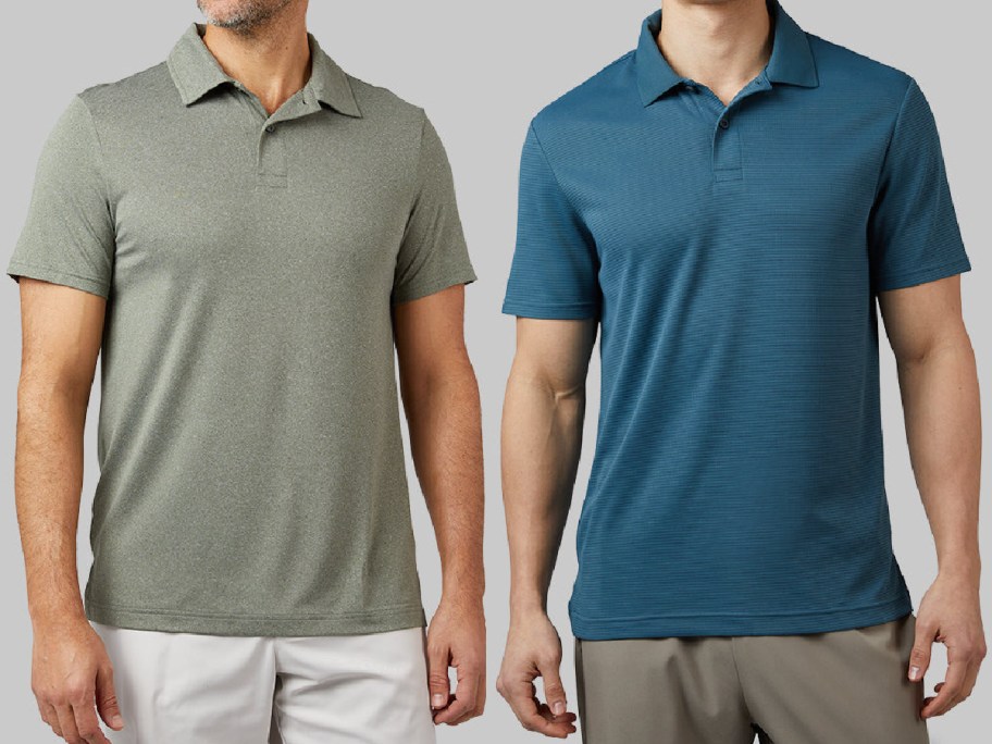 Two men wearing polo shirts stand side by side. The left shirt is light gray, and the right is blue.