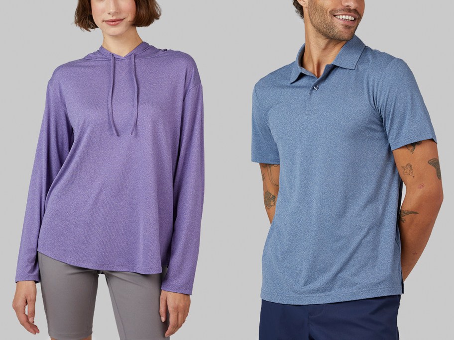 woman wearing long sleeve purple tee and man in blue polo 