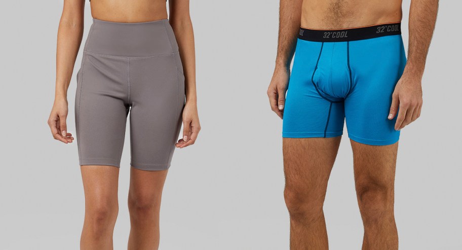 woman wearing tan shorts and man in blue boxers 