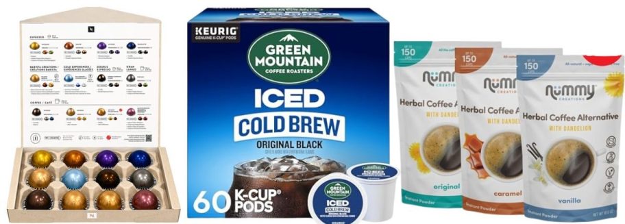48-Count Nespresso Vertuo Variety Starter Pack, Green Mountain Coffee Roasters Original Black Iced Cold Brew K-Cups, and Decaf Herbal Coffee Nummy Creations 3-Pack