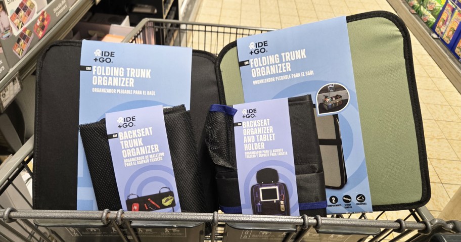 various trunk organizers in a shopping cart