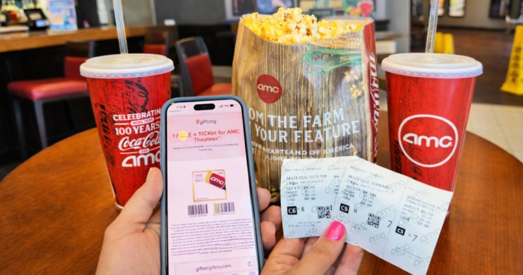 movie tickets, drinks and popcorn
