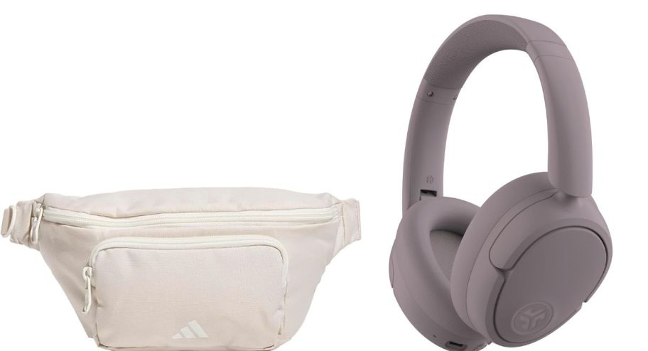 Adidas bag and headphones in beige and taupe