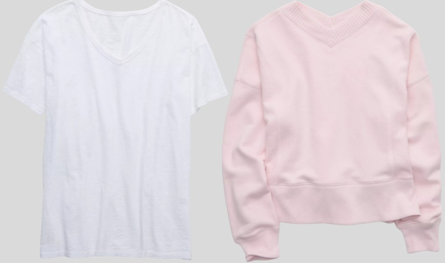 a white vneck tee and pink sweatshirt