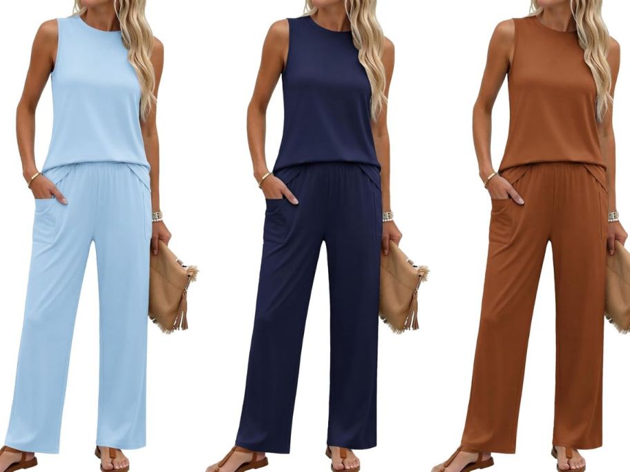 3 women wearing amazon two piece lounge sets with pants and a tank top