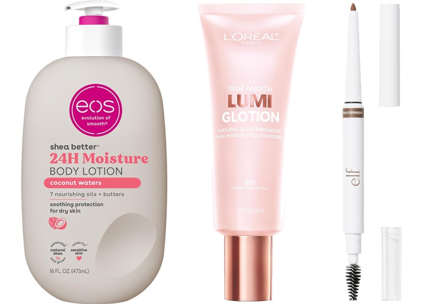 eos lotion, lumi glotion, and brow pencil