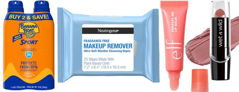 sunscreen, makeup wipes, and lipsticks