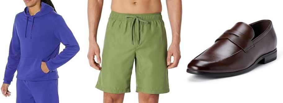 Amazon Essentials Men's French Terry Hoodie, 9 QuickDry Swim Trunks, Square Apron Toe Penny Loafer