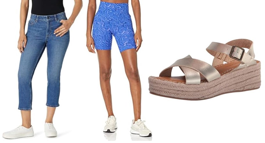 Amazon Essentials Women's Medium Stretch SlimFit MidRise Capri Jeans, High Waisted Moisture Wicking Biker Shorts, Flatform Espadrilles