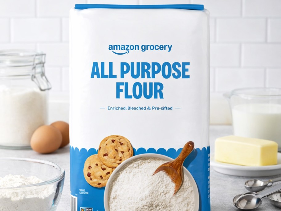 white and blue bag of Amazon Grocery All Purpose Flour on kitchen counter