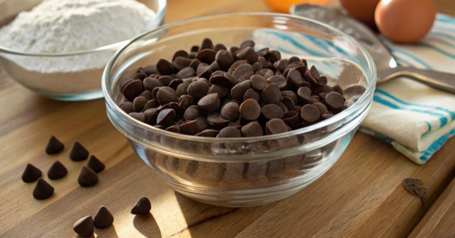 bowl of chocolate chips on counter near baking ingredients