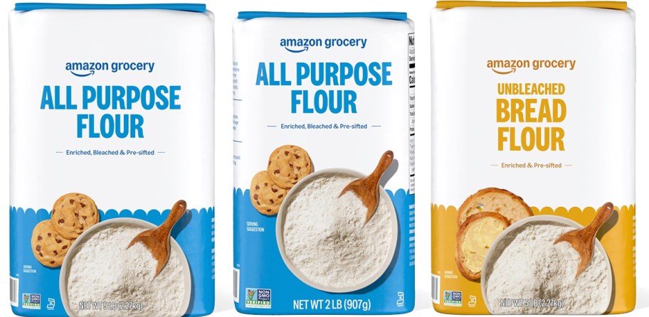 3 bags of Amazon Grocery Flour in a row