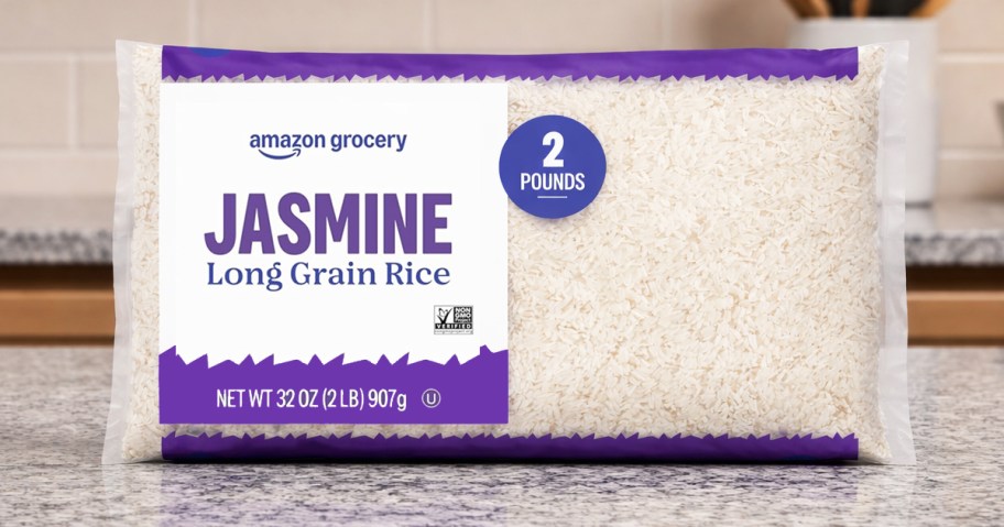 bag of Amazon Grocery Jasmine Rice on a counter