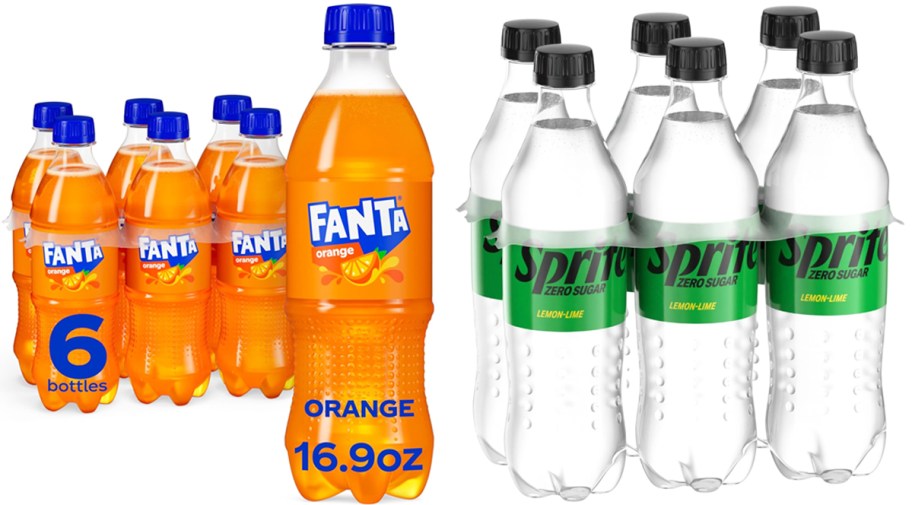 6-pack bottles of fanta and sprite sodas