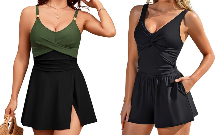 two women in green and black swimsuits