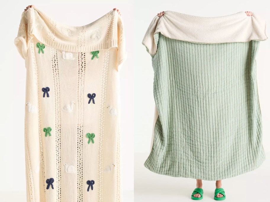 Anthropologie Isabella Cotton Crochet Knit Throw Blanket and Mira Cotton Sherpa Fleece Reverse Woven Throw Blanket