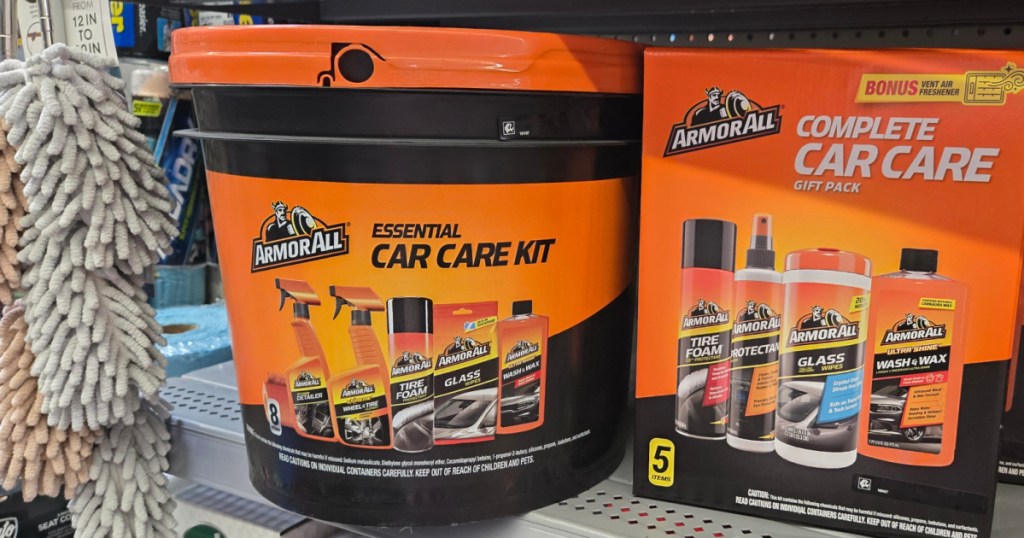 Armor all essential car care kit in bucket on Walmart store shelf