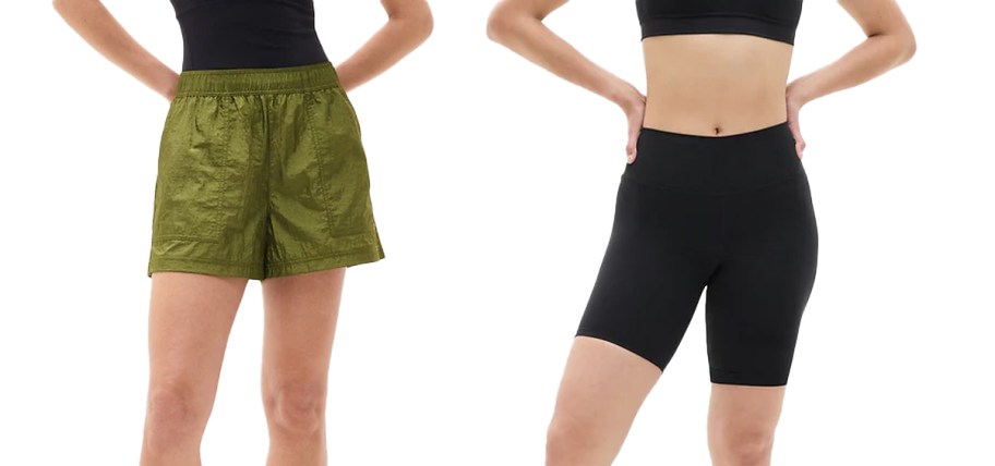 women in green and black shorts