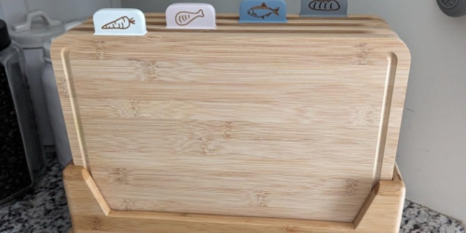 Four Bamboo Cutting Boards w/ Holder Only $24.49 on Amazon (Includes Food Icons!)