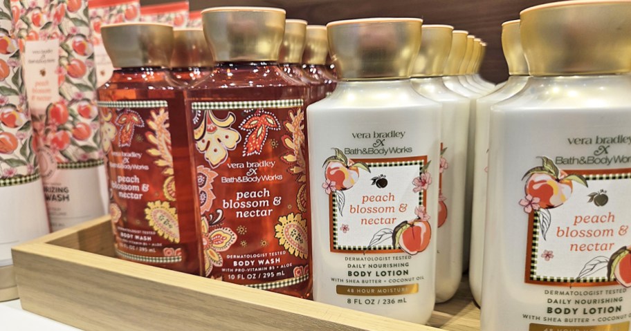 Bath & Body Works Vera Bradley body wash and lotions on display in store
