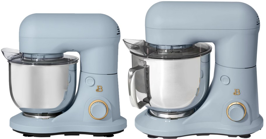 two blue stand mixers